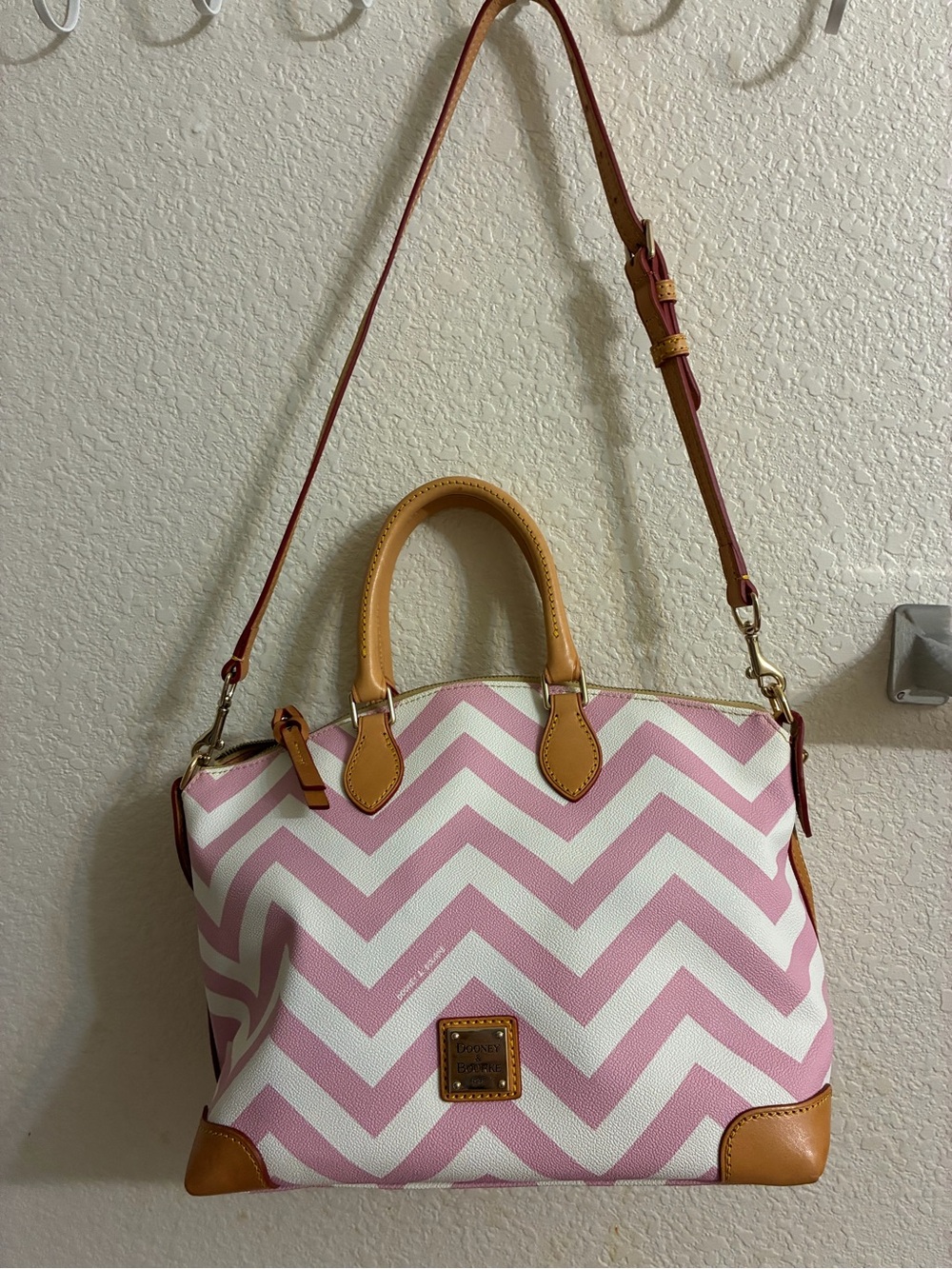 Dooney & Bourke Pink and White Chevron Satchel with Tan Trim - Picture 5 of 5